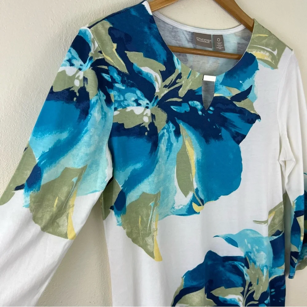 Chicos Iris Bloom Floral Petals Modal Cotton Blend 3/4 Sleeve Tunic - Picture 4 of 11
